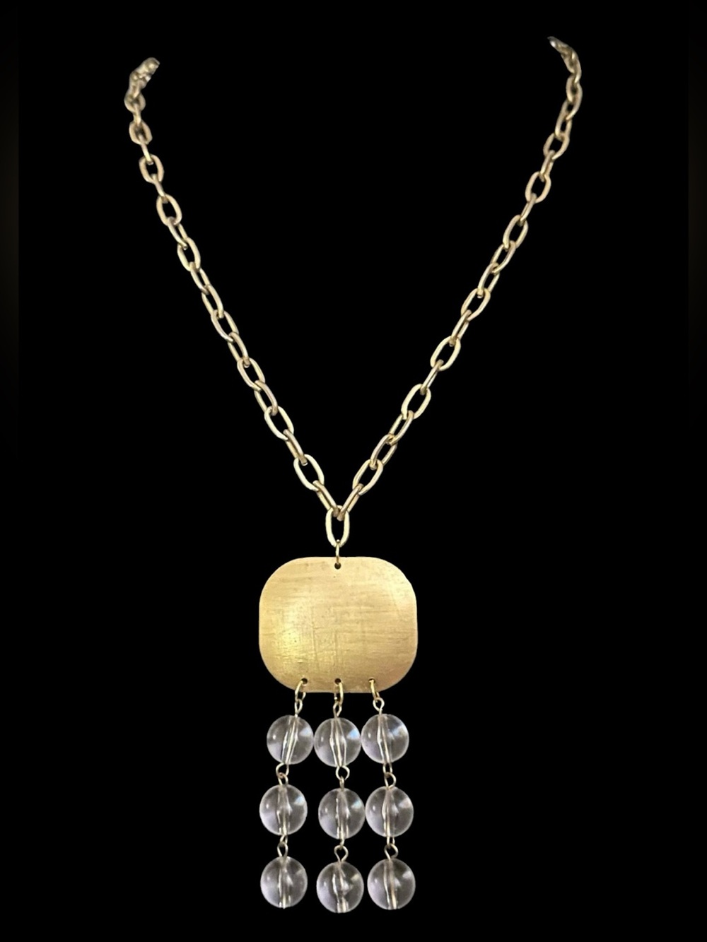 Gold Pendant Necklace with Clear Bead Fringe
